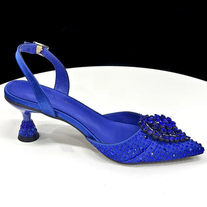 Blue Color Rhinestone Comfortable high heel shoe And Bag Fashion Style Pointed-Toe Shoes For Women Or Commuting Shoes