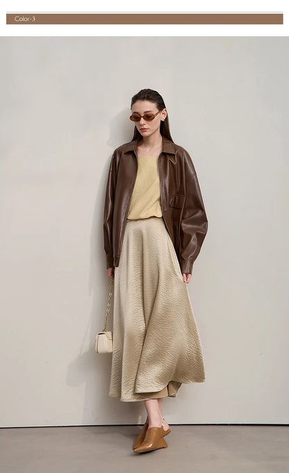 Women's Skirt Loose Long A-skirt Satin Skirts For Women 2025 Autumn New Minimalist Solid Color Clothing Ladies 12513015