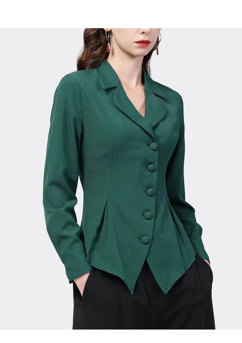 Temperament Skinny Solid Notched Pleated Button Elegant Blazers Graceful Intellectual Women's Clothing 2022 Thin Autumn Winter