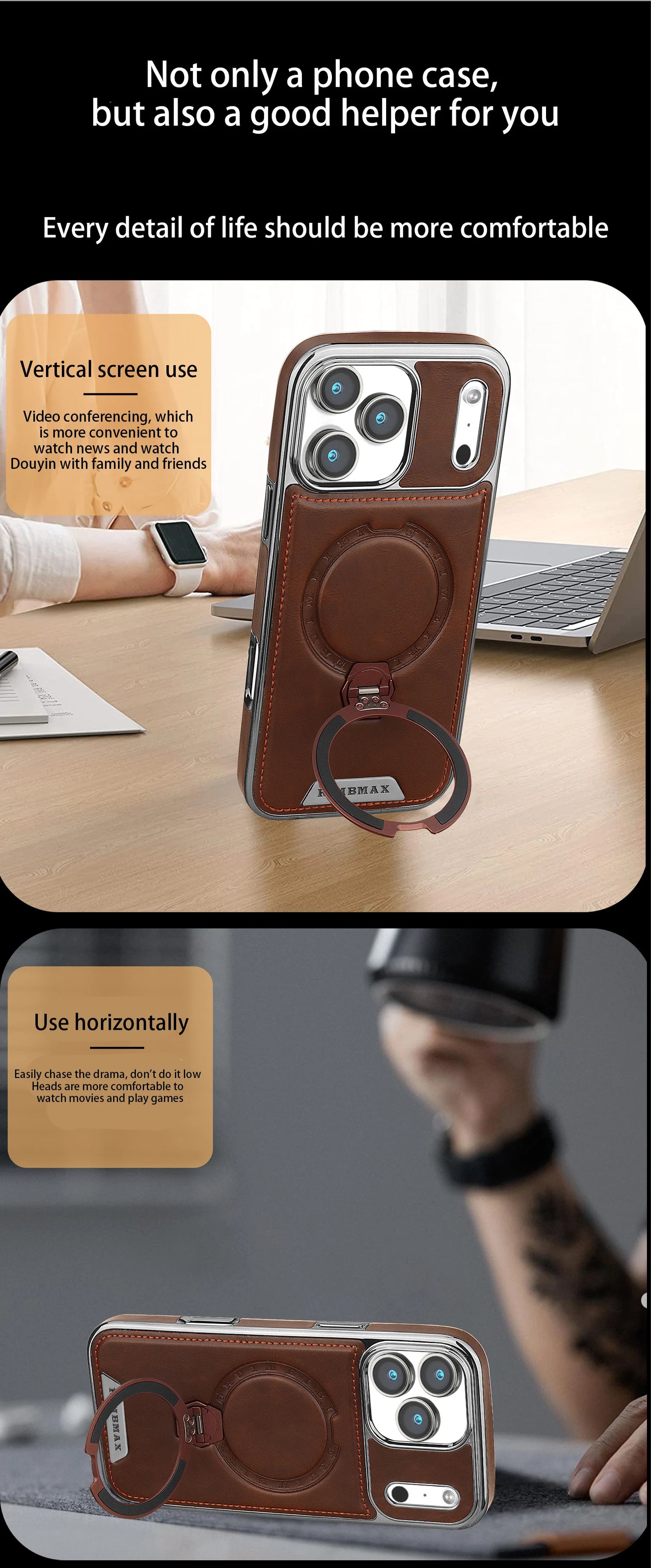 Magnetic Rotat Bracket Luxury Leather Phone Case,For iPhone 11 12 13 14 15 16 17 Pro Max Plus Wireless Charging Shockproof Cover
