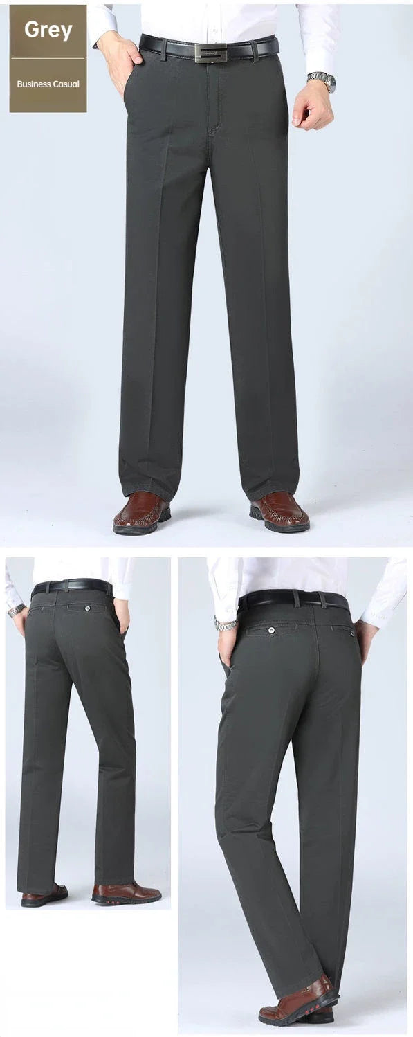 Men's Office Business 100% Cotton Pants Summer Thin & Autumn Thick High Waist Straight Loose Solid Bland Suit Slacks GOZBKF