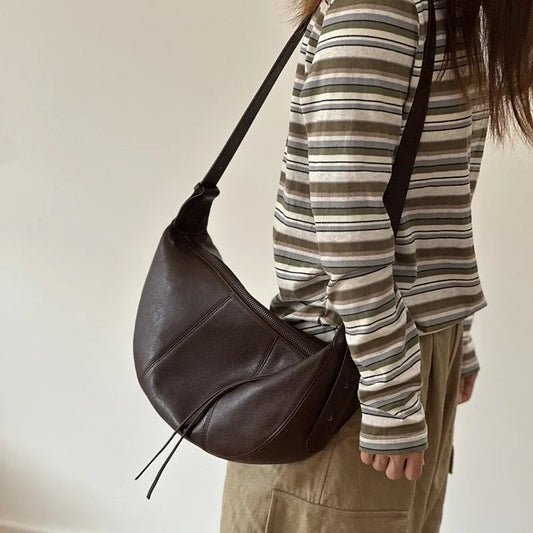 2026 New Genuine Leather Women's Bag Casual Solid Color Versatile Saddle Bag Soft Cowhide Shoulder Crossbody Bags
