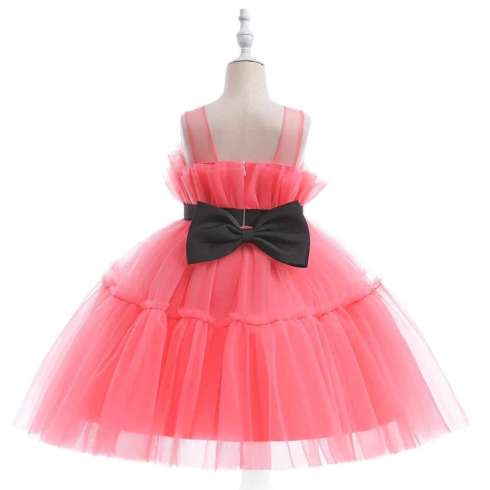 Elegant Ruffles Wedding Party Baby Girls Dress Tulle Pink Bow Bridemaid Princess Birthday Kids Dresses For Girl Evening Costumes