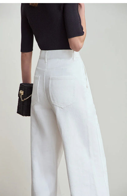 Women's Jeans Minimalist 2025 Summer New Style Solid Color Commuting Black Beige Wide Leg Cotton Denim Long Pants 12552012