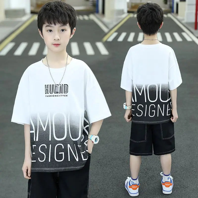 Summer Boys Cotton Contrast Alphabet t-Shirt Tops+Denim Shorts Pant School Kids Tracksuit Child 2PCS Outfit Workout Set 5-16 Yrs