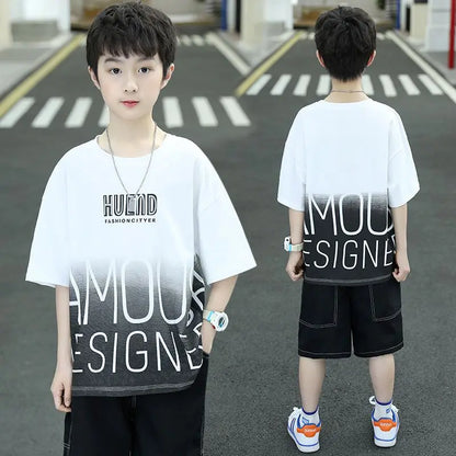 Summer Boys Cotton Contrast Alphabet t-Shirt Tops+Denim Shorts Pant School Kids Tracksuit Child 2PCS Outfit Workout Set 5-16 Yrs