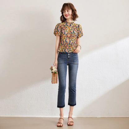 Floral Shirt 2026 Summer Women's Blouse French Style O Neck Short Sleeve Elegant Blouses Pullover Top