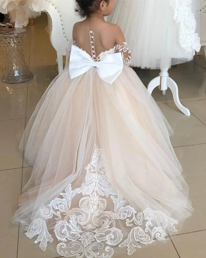 Flower Girl Dresses For Weddings Long Sleeve Lace Tulle Bow Back Children's Elegant Dress vestidos para niñas