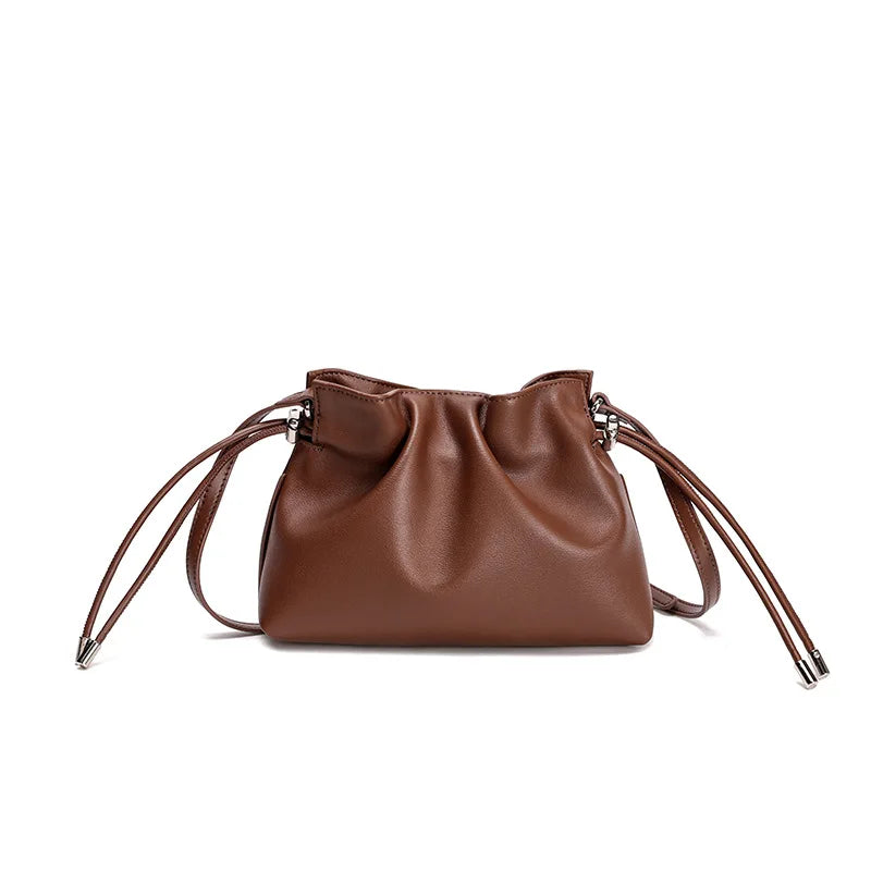 Luxury Pleated Cloud Crossbody Bag - Premium Genuine Leather Drawstring Shoulder Purse, Versatile Small Bag for Elegant Lady