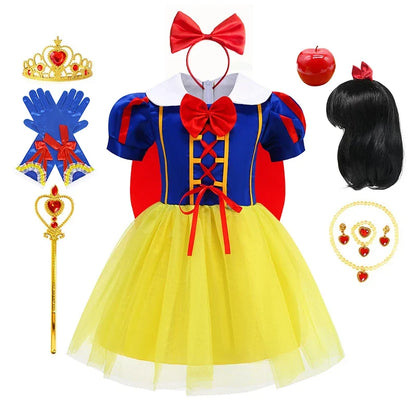 Girl Cosplay Disney Snow White Dress Kids Gown With Cloak Headband Children Princess Dress Up Costume Halloween Party Outfits