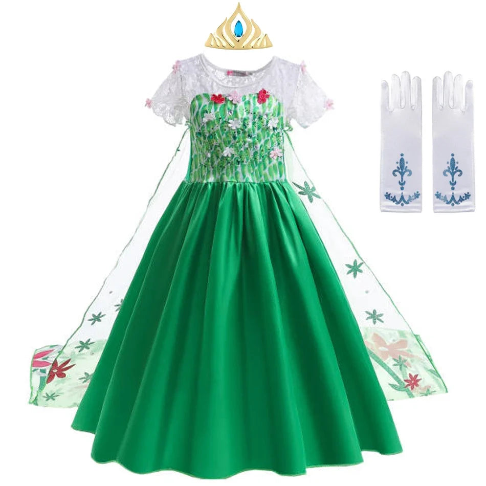 Elsa Green Dress for Kids Girl Princess  Costume Dresses  Children Long Cloak Floral Lace Ball Gown Summer
