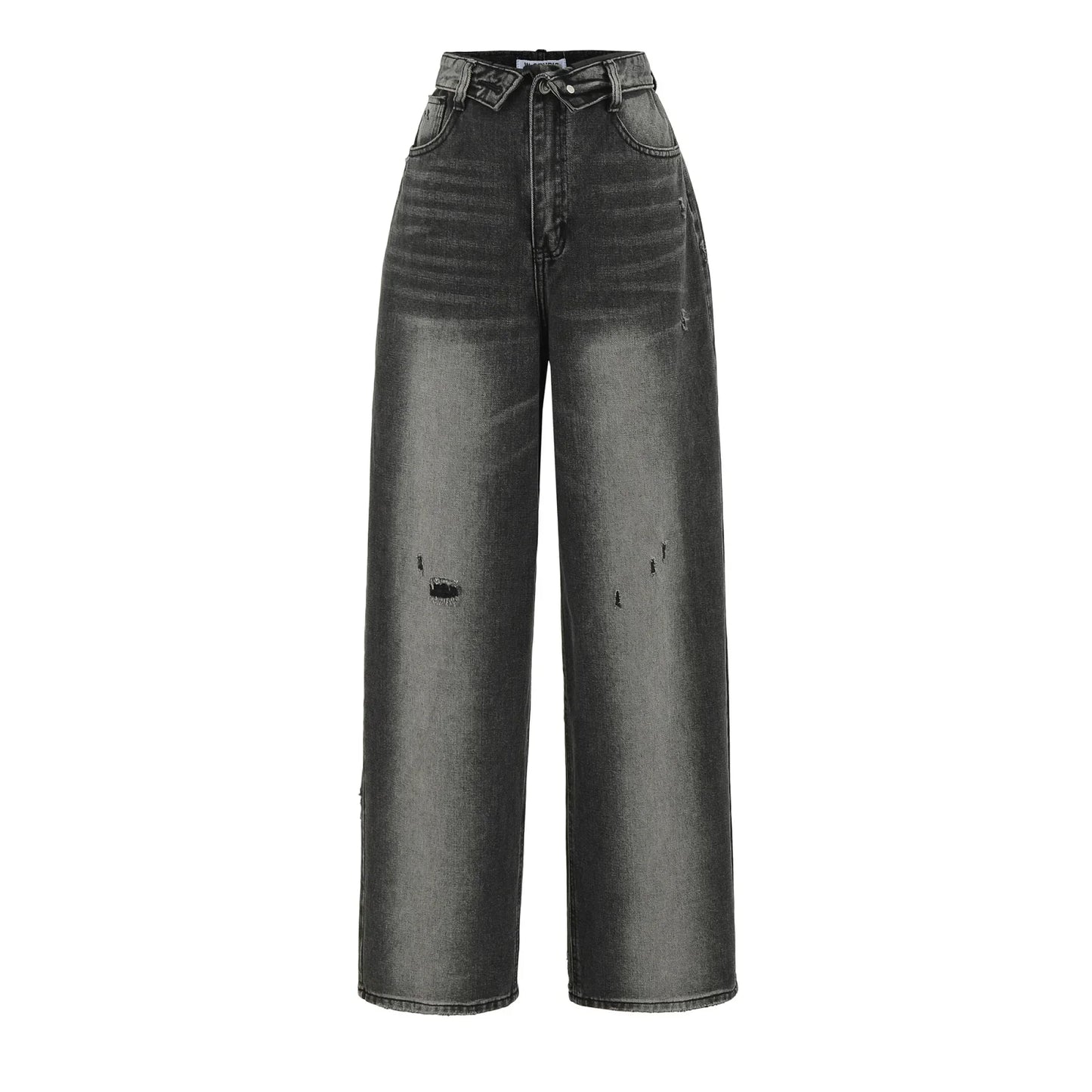 American Retro Cuffed High Waist Slimming Casual Denim Jeans Women's Autumn Versatile Loose Straight Leg Floor-Length Pants