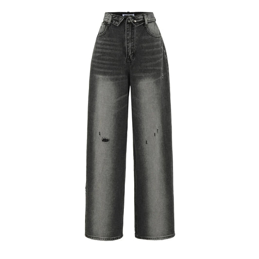 American Retro Cuffed High Waist Slimming Casual Denim Jeans Women's Autumn Versatile Loose Straight Leg Floor-Length Pants