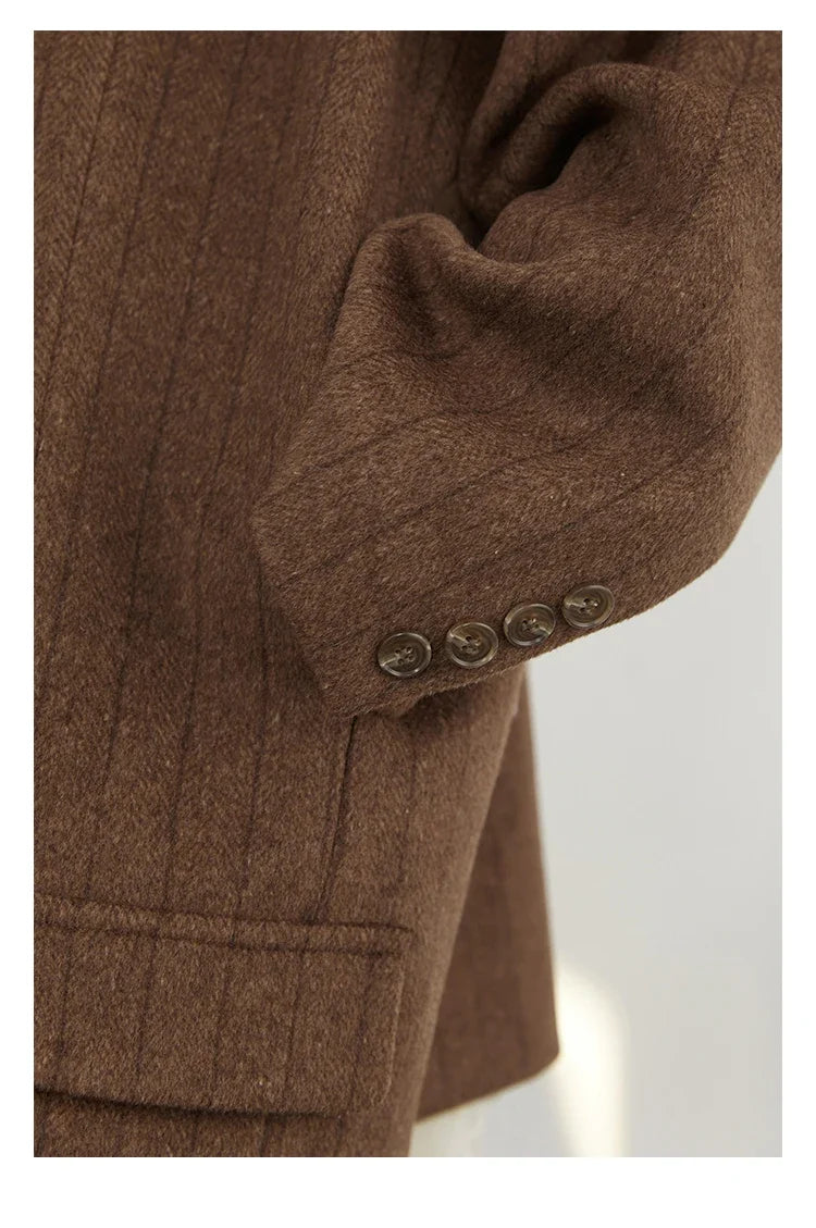 Women Woolen Blazer Loose Vintage V Neck Female Jacket Suit Double Breasted Office Ladies Coat Spring Autumn 2025