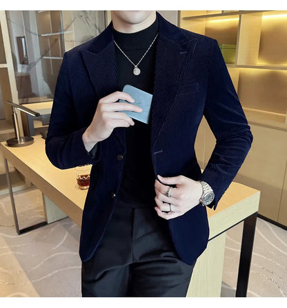 Stripe Suit Jacket For Men Autumn Winter Business Slim Fit Tailcoat Formal Wedding Party Fashion Casual Suit Coat 4XL-M