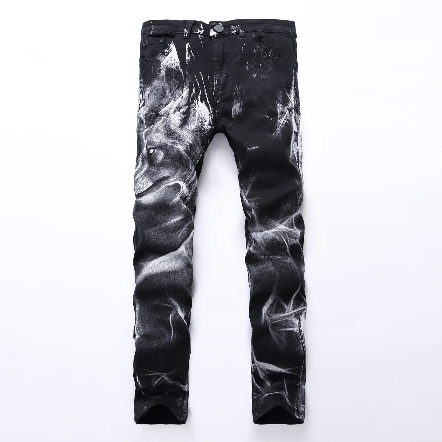 2026 Men's Blue 3D Printing Jeans, Black Wolf Pattern Printed Punk Straight Cotton Casual Print Denim Pants Asian Size 28-42
