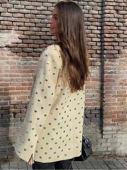 Women's Rivet Decoration Casual Blazer Long Sleeve V Neck Beige Spring Fall Coat