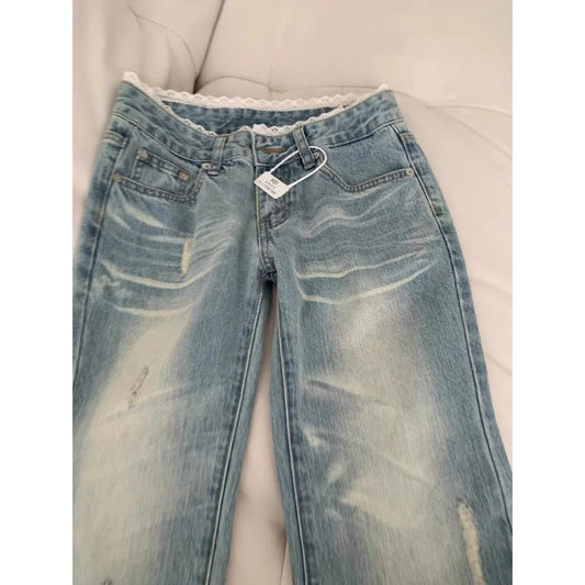 Retro Classic American Vintage Denim Jeans for Women Low Waisted Straight 1950s/1960s Inspired Jeans Light Blue Pants