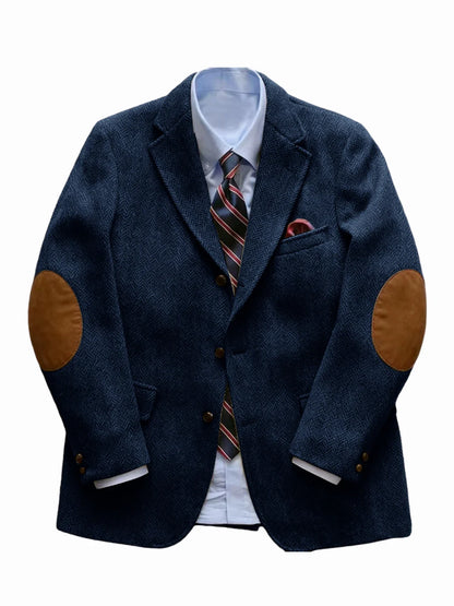 Men's Vintage Herringbone Tweed Blazer With Elbow Patch 2 Button Single Breasted Cotton Casual Slim Fit Business Jacket XS-7XL