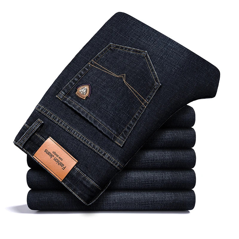 2024 autumn spring fitted straight stretch denim jeans classic style badge youth men's business casual jeans trousers