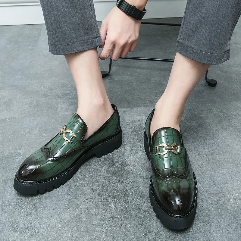 Trendy Brand Green Brogue Shoes Men's Leather Business Shoes Groom's Wedding Men's Loafers British Style Dress Shoes Men