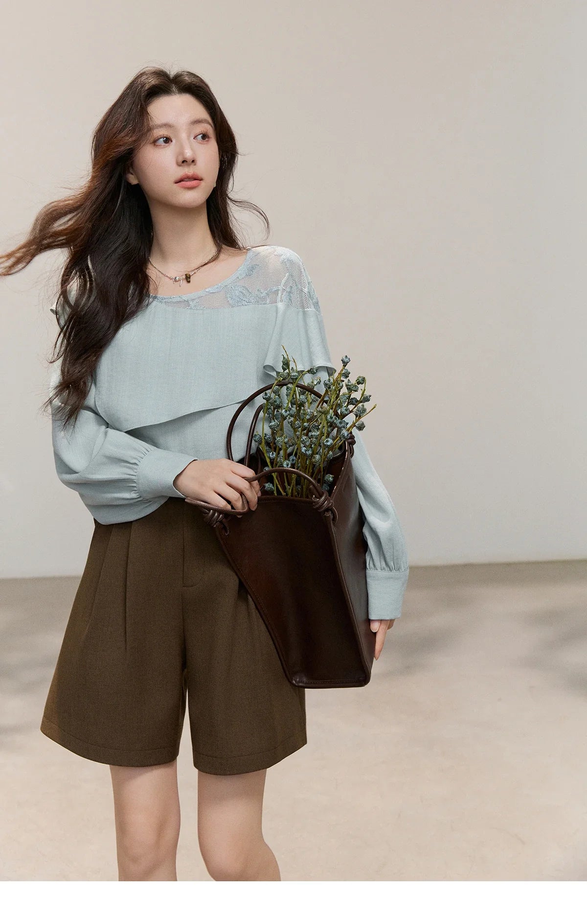 Women's Asymmetric Lace Panel Long Sleeve Blouses 2026 Spring Ruffle Layered Cew Neck Casual Loose Blouse MXF14X2545