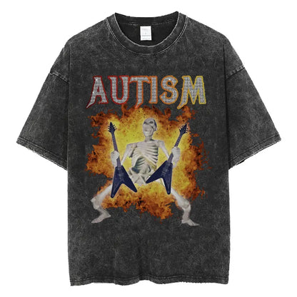 Autism Skeleton Meme T Shirt Human Funny Skull Men Women Harajuku Gothic Vintage Washed T Shirts Oversized Casual Cotton T-shirt