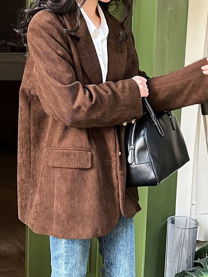 Brown Corduroy Suit Jackets Women's Spring New Fashion Loose Casual Blazers Notched Collar Single Breasted Pockets Female Tops
