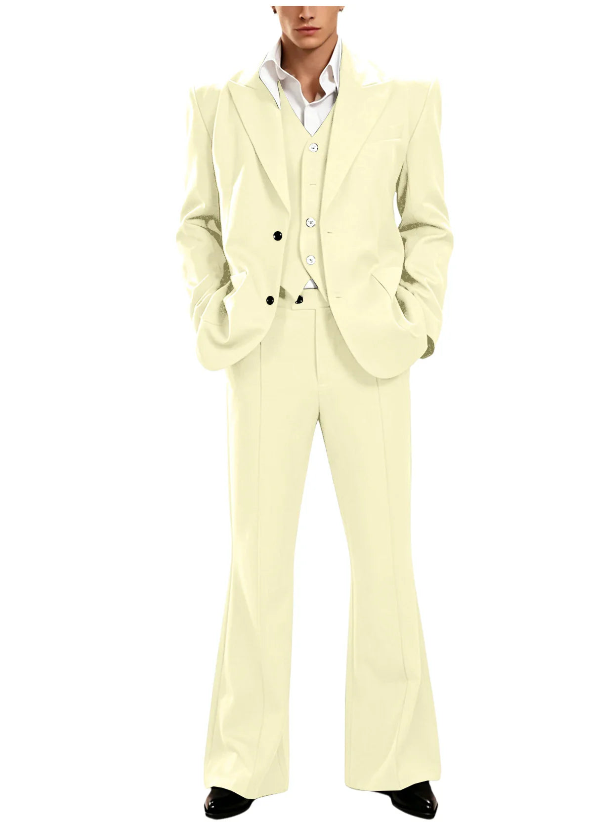 Vintage Men's 3 Piece Suit Set Peak Lapel Slim Fit 2 Button Double Breasted Blazer Vest Flared Pants for Formal Business Wedding