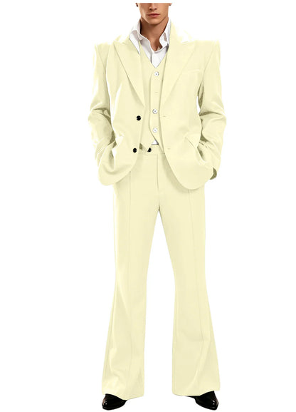 Vintage Men's 3 Piece Suit Set Peak Lapel Slim Fit 2 Button Double Breasted Blazer Vest Flared Pants for Formal Business Wedding