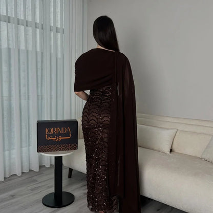 Bella Customized Chocolate Brown One-Shoulder Capelet Sequin Prom Dress Slim Fit Party Dresses Floor-Length Elegant Formal Gown