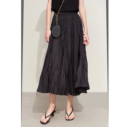 Minimalism Pleated A-Line Skirts Women 2024 Summer New Baiscs Rubber Band Waist Irregular Loose Large Hem Skirt 12442081