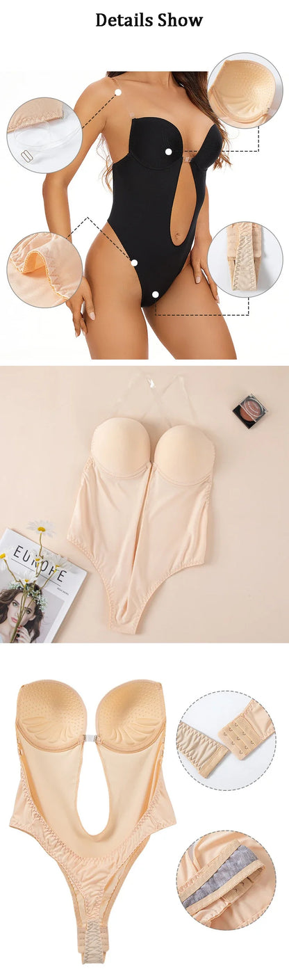 One-Piece Deep V-Neck Push Up Body Shapewear Bodysuit Women's Thong Bottom Underwear Slimming U-Shaped Low Back Backless Corset