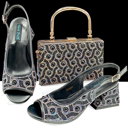 2024 Rhinestone Design INS Hot Sale New Arrivals African Shoes and Bag Set in Green Color Open Toe Comfortable Women Heels