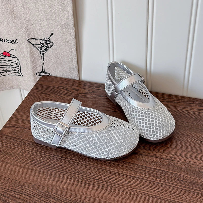 Toddler Girls Mesh Ballet Flats 2026 New Summer Ankle Strap Sandals Non-slip Simple Princess Outdoor Beach Sandals Metallic Gold