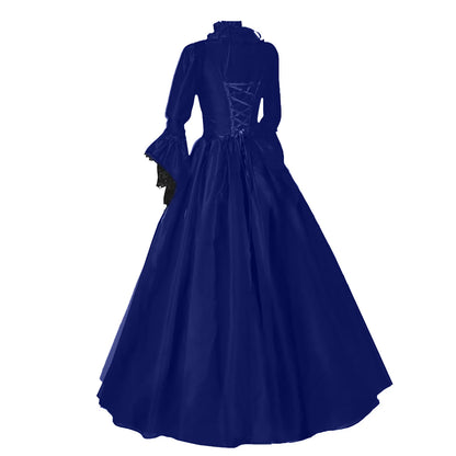 Medieval Victorian Court Lace Patchwork Gothic Dress Halloween Witch Cosplay Party Costume Square Neck Flare Sleeve Maxi Dress