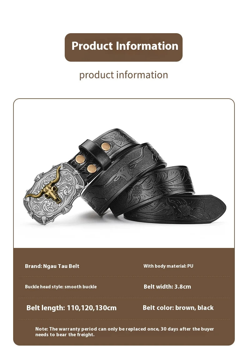 Western Cowboy PU Leather Belt - Men Waist Strap Bull Decoration Floral Engraved for Jeans