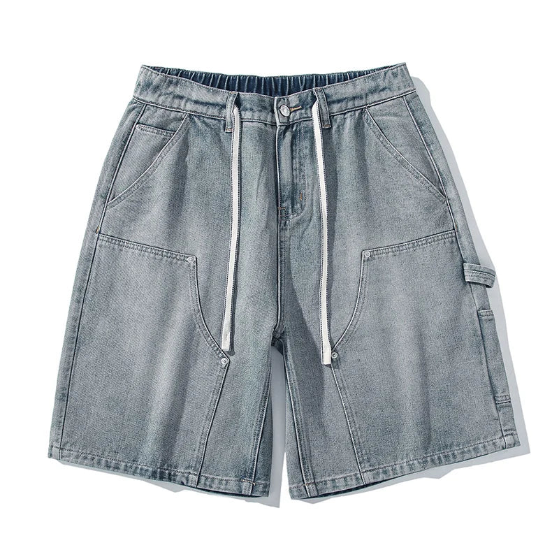 Men's Baggy Cargo Shorts Summer New Fashion Drawstring Straight Casual Jeans Streetwear Pocket Splicing Male Short Pants