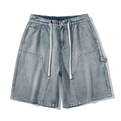 Men's Baggy Cargo Shorts Summer New Fashion Drawstring Straight Casual Jeans Streetwear Pocket Splicing Male Short Pants