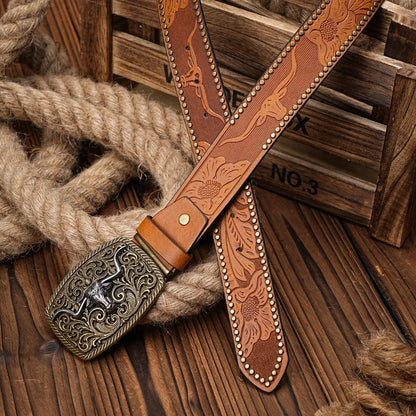 Men Women-Western-Cowboy-PU Leather-Belts - Vintage Belt Floral Engraved Buckle Belt for Jeans