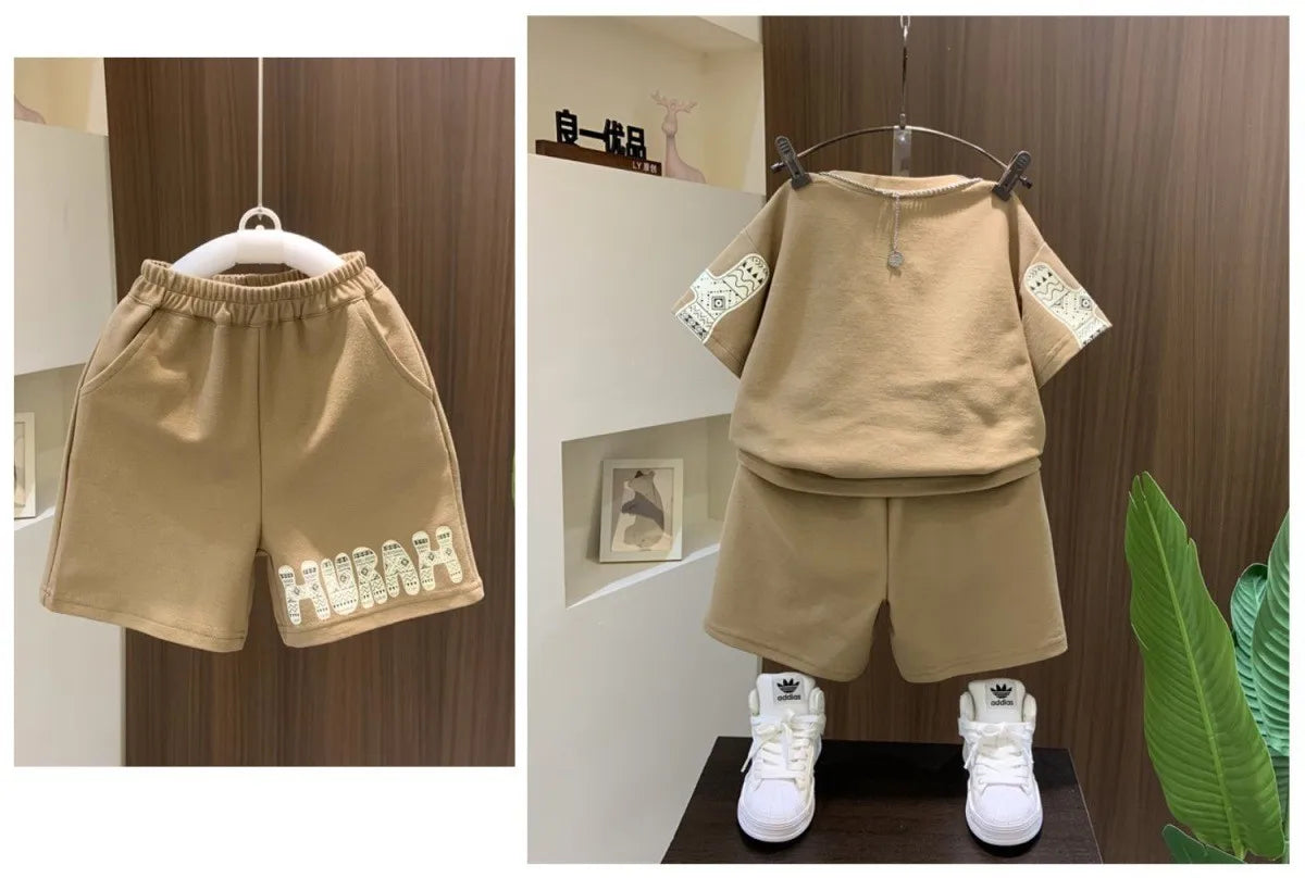 Summer Boys Cotton Leisure Print Alphabet T-Shirt+Shorts Pant Set School Kids 2PCS Tracksuit Children Sportswear Outfit 5-16 Yrs