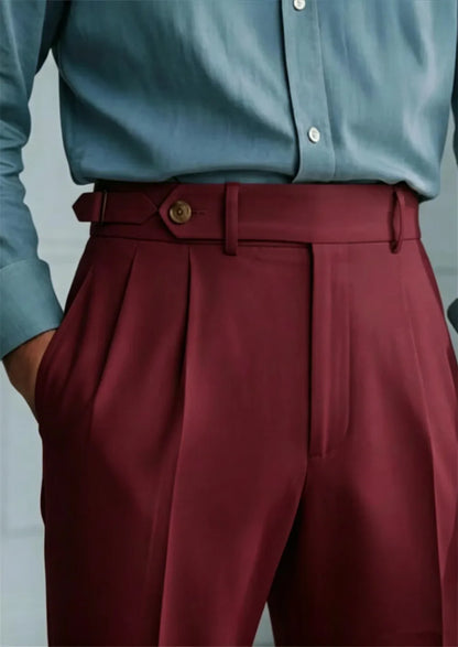 Men’s Beige High Waist Pleated Trousers Tailored Dress Pants with Side Adjusters Vintage Old Money Style