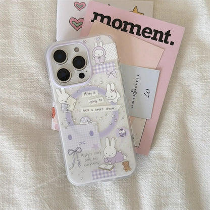 Korean INS Star Bow Rabbit With Magsafe Stand Phone Case for iPhone 17 Pro 13 14 15 16 Pro Max Cover Rotate Holder Cute Cases
