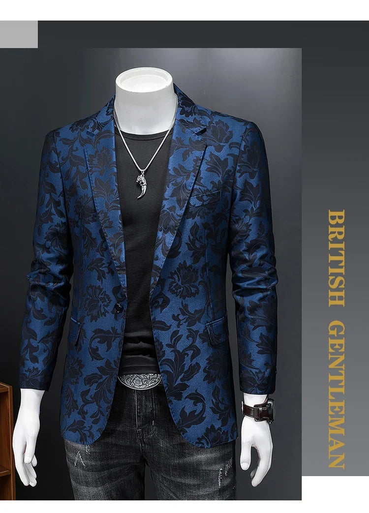 British Style Luxury Jacquard Blazers Men Clothing 2022 Business Slim Fit Casual Suit Coat Men Groom Wedding Suit Printed Blazer