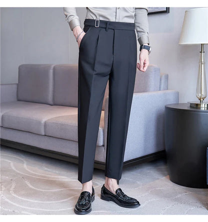 2026 Texture Naples Men's Solid Color Casual Pants Fashion Belt Design Slim Fit Suit Pants Formal Wear Wedding Social Trousers