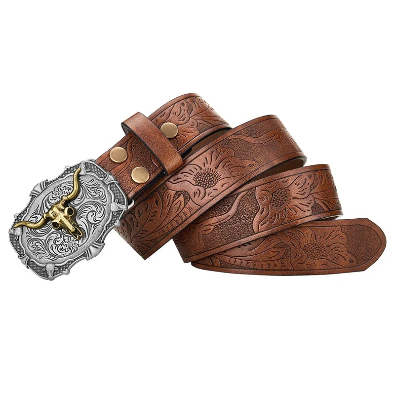 Western Cowboy PU Leather Belt - Men Waist Strap Bull Decoration Floral Engraved for Jeans
