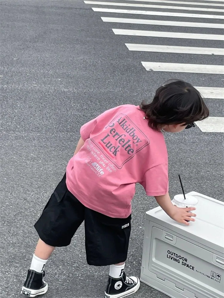 Japanese Style Boys 100% Pure Cotton T-Shirt 2026 Summer Kids Loose Comfortable Trendy Top