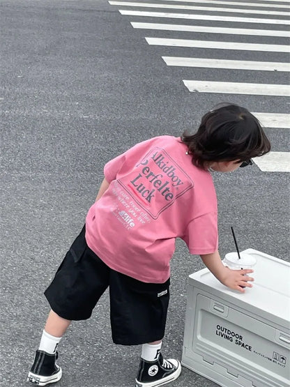 Japanese Style Boys 100% Pure Cotton T-Shirt 2026 Summer Kids Loose Comfortable Trendy Top