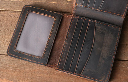 Men Handmade Crazy Horse Leather Wallet Men's Casual Simple Horizontal First Layer Cowhide Short Genuine Leather Clutch