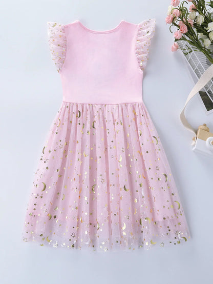 Summer New Girl's Cotton Unicorn Embroidered Mesh Spliced Sleeveless Dress SH1701